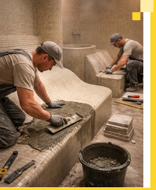 Лежаки для хамама под ключ в Городце, проект и монтаж